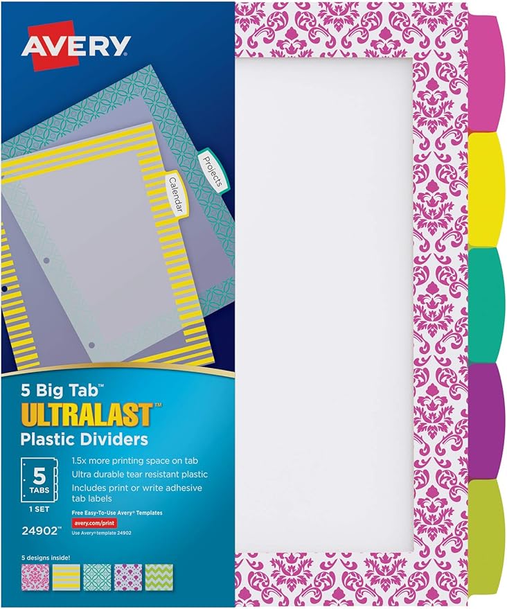 Avery Ultralast Big Tab Plastic Dividers, 5 Tabs, 1 Set, Assorted Designs (24902)