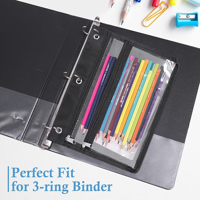 YoeeJob 24 Pack Zipper Pencil Pouches for 3 Ring Binder, 1.5 Inch Expandable with 2 Pockets and Clear Window for School and Office （Black）