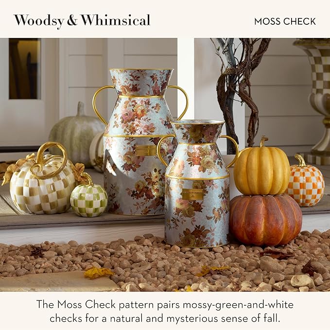 MACKENZIE-CHILDS Pumpkin, Resin Halloween and Fall Decor, Mini, Olive-Green Moss Check