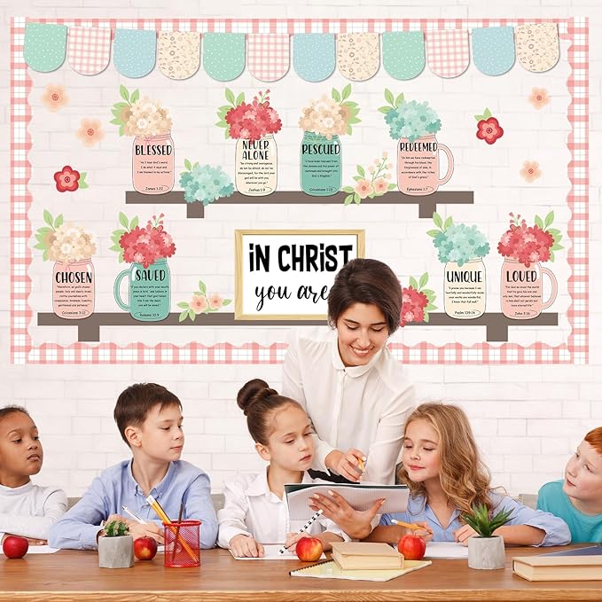 Spring Christian Religious Bulletin Board Set Christian Floral Classroom Decorations Colored Flowers and Vases Bookshelf Paper Cutouts for Sunday School Church Office Home Chalkboard Wall Door Decor