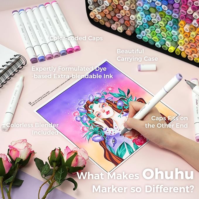 Ohuhu Alcohol Markers 320 Colors - Chisel & Fine Double Tipped Art Markers for Artists Adults Coloring Drawing Sketching Illustration - Refillable - AP Certificated