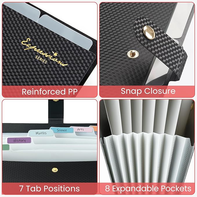 Sooez Accordion File Organizer, Letter Size Expanding File Folder with Labels, 8 Pocket Folders for Document, Portable Paper Bill Receipt Organizer for Home School Office Supplies, A4 Size, Black