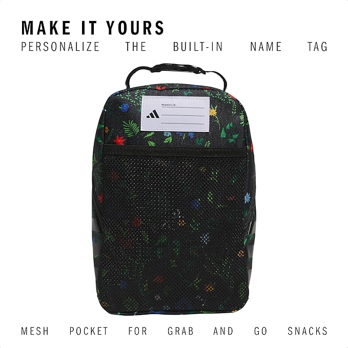 adidas Santiago Lunch Bag Cooler for Women and Men, Insulated Food Container Box with Mesh Pocket, Meadow Floral Black/Black/White/3.0, One Size