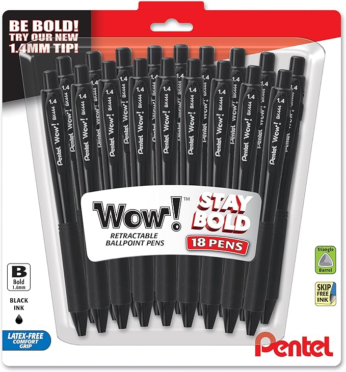 Pentel Wow! Retractable Ballpoint Pen, (1.4mm), Bold Line, Black Ink, Pack of 18 (BK444BP18A)