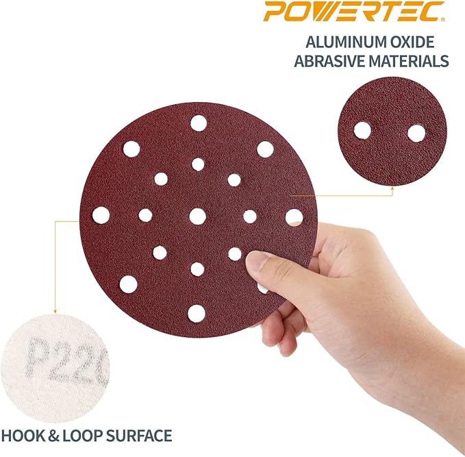 POWERTEC 45815, 6" x17 Holes, 150 Grit, A/O Hook and Loop Disc for Festool RO150 / ETS 150 Sander, Red, 50PK