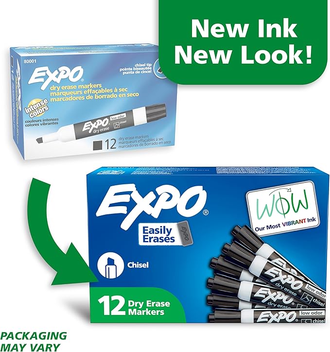 EXPO Dry Erase Markers,Low Odor Ink,Black,Chisel Tip,- Whiteboard,Calendar,Organization,Essential Supplies for Office,School,Classroom,Teachers,(Pack of 144)