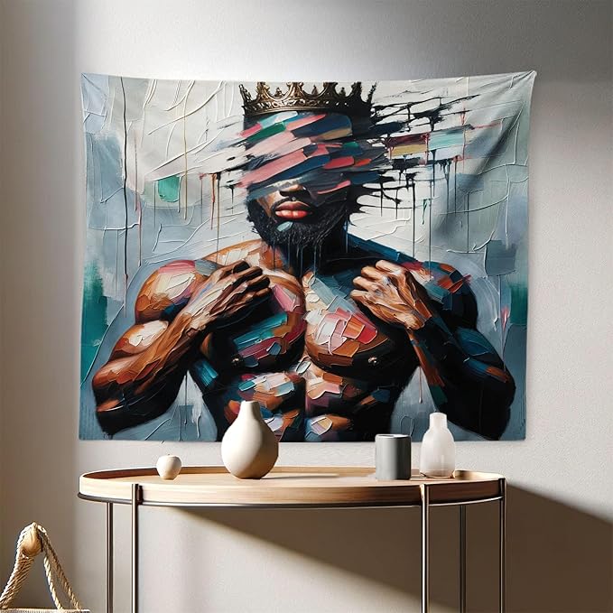 Ambesonne Afro Art Tapestry, Strong Black Man with a Crown Face of Strokes Modern Painting Print, Fabric Wall Hanging Decor for Bedroom Living Room Dorm, 28" X 23", Blue Grey and Chocolate