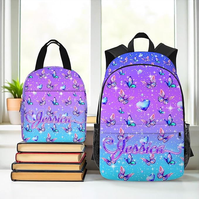 Custom Kids Backpack with Lunch Box Personalized Name Bookbag for Girls Back to School Purple Backpacks for Elementary Middle School Boys