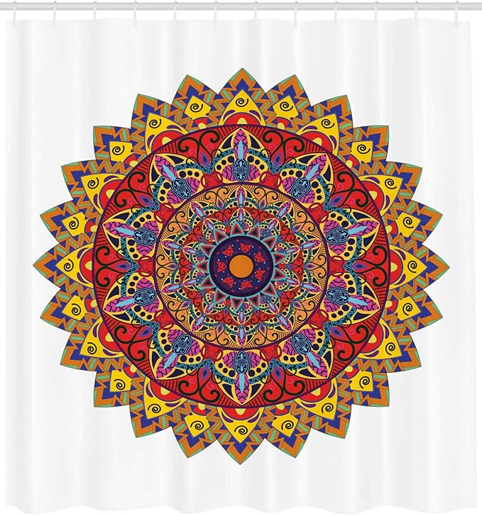 Ambesonne Ethnic Shower Curtain, Bohemic Hippie Design with Geometric Oriental Shapes Image Print, Cloth Fabric Bathroom Decor Set with Hooks, 69" W x 84" L, White