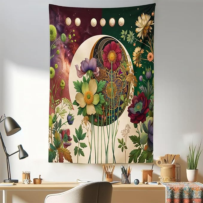 Ambesonne Moon Tapestry, Abstract Blooming Gentle Leafy Flowers with Lunar Phase Ethno Details, Fabric Wall Hanging Decor for Bedroom Living Room Dorm, 30" X 45", Fern Green Eggshell Lilac