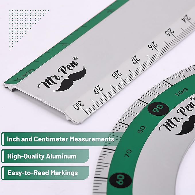 Mr. Pen- Geometry Set, Green Stripes, 4 Pack, Metal Geometry Kit, Triangle Ruler, Metal Ruler, Drafting Triangles, Metal Protractor, Metal Set Square, Drafting Ruler, Drafting Set