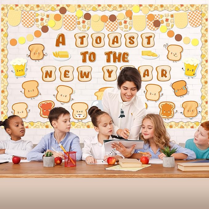 party greeting New Year Toast Bulletin Board Decorations A Toast to The New Year Bulletin Board Set Cartoon Cute Toast Paper Cutouts Winter Season Happy New Year Classroom Wall Door Decor