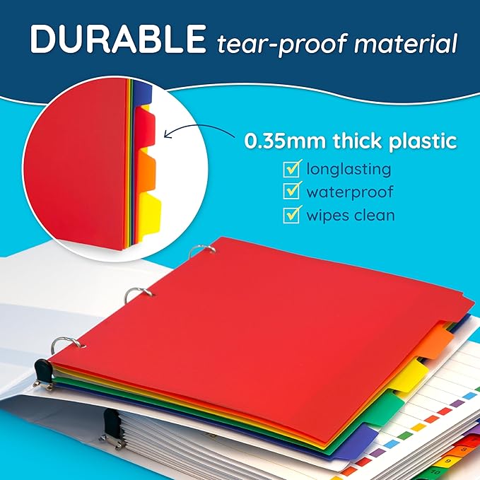 Blue Summit Supplies 24 Pack 8 Tab Plastic Dividers, Heavy Duty Plastic Dividers for 3 Ring Binder with 3 Hole Punch for Notebooks and Binders, Assorted Colors, Letter Size