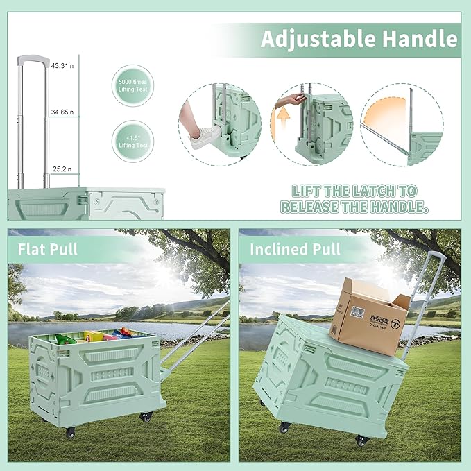 VECELO 23 GAL Modern Rolling Carts with Wheels, Foldable Utility Cart, Light Weight Platform Trucks Dolly, 4 Heavy Duty Wheels, Ideal for Shopping, Camping, Teachers, Mint Green