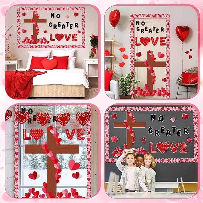 Valentine's Day Bulletin Board Decoration 3D Valentines Red Pink Heart Classroom Decorations Heart Religious Cross Cutouts Christian Bulletin Board for School Home Office Wall Door Decor Supplies