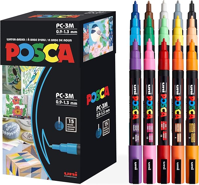posca Paint Markers, 3M Fine Point Acrylic Paint Pens with Reversible Tips, Art Supplies For Gifts, Decorations, Fabric, Metal, Glass, Wood and Canvas, Set of 24