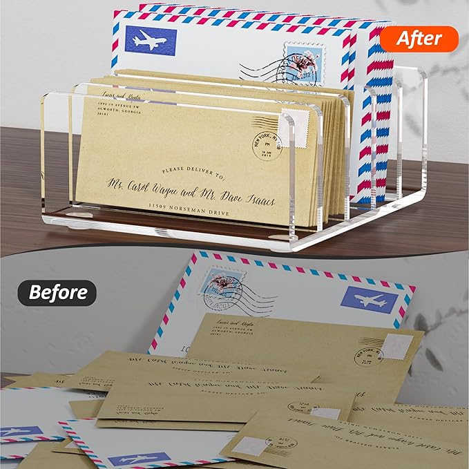 Desk Mail Organizer, 5 Section Clear Acrylic File Holder Letter Organizer, Vertical Lightweight Modern Envelope Holder Desk Accessories & Workspace Organizers for Office, Home, School