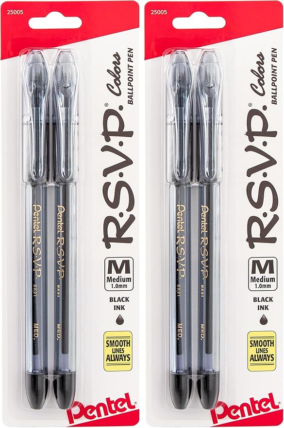 Pentel R.S.V.P. COLORS BallPoint Pen, Medium Line, Black Ink, Pack of 4 (BK91CRBP2A)