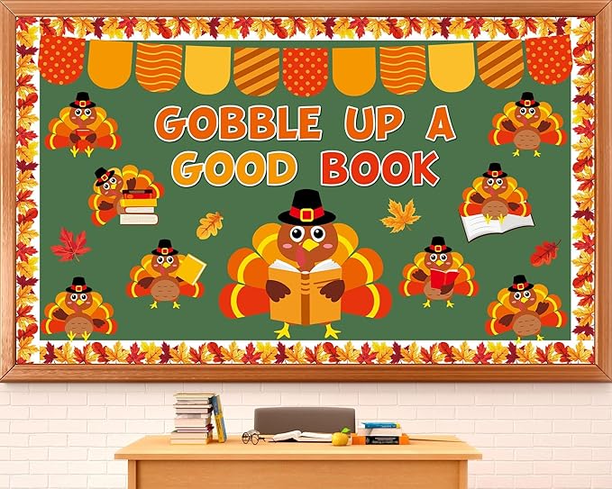 Thanksgiving Turkey Bulletin Board Classroom Decoration Fall Thanksgiving Turkey Reading Cutout Gobble Up A Good Book Bulletin Board Autumn Maple Leaves Cutouts for Home School Thankful Party Supplies