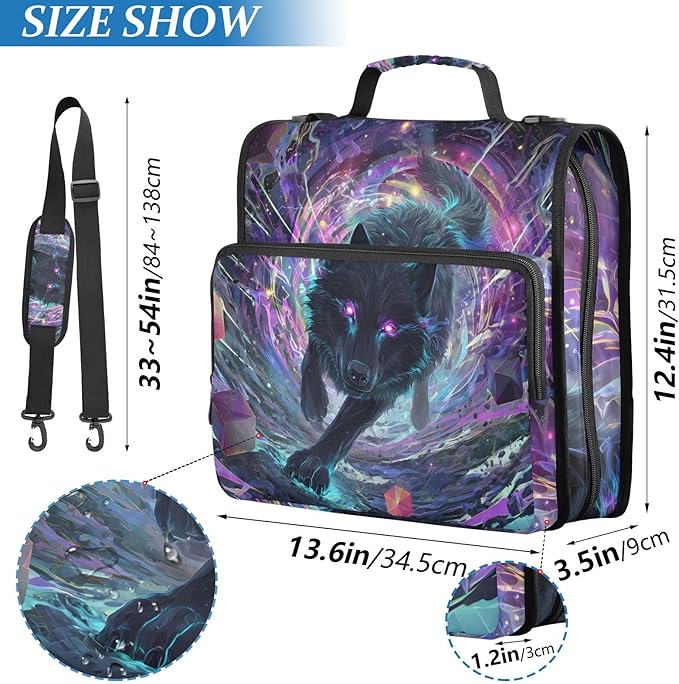 Black Wolf Purple Eyes Galaxy Zipper Binder Bag 3 Ring Binder with Shoulder Strap Zip Up 500 Sheets Capacity Multi Pockets for School Office Supplies