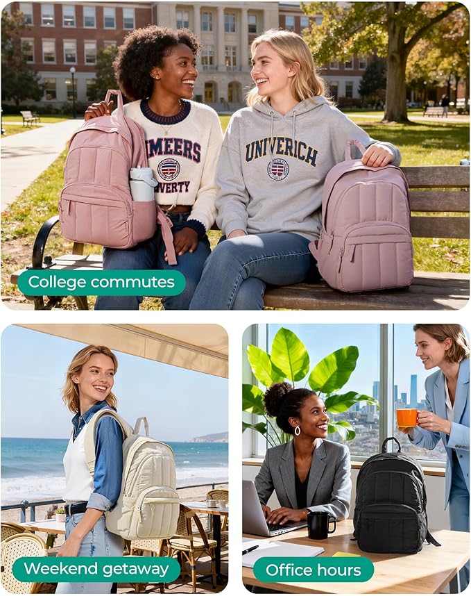 BAGSMART Womens Backpack Travel Laptop Backpack for Women, Quilted College Laptop Bookbag, Work Back Pack for Women, Cute Computer Water-Resistant Casual Daypack, Puffer Soft Pink