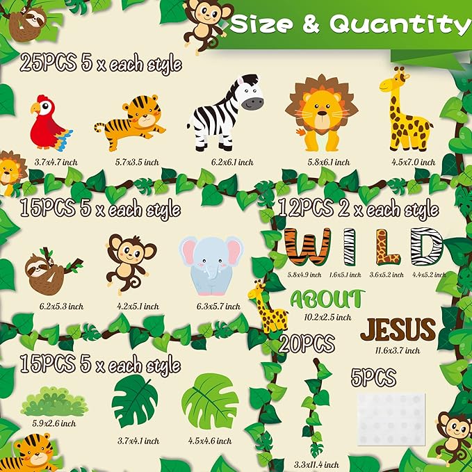 87Pcs Jungle Animals Leaves Bulletin Board Set for Back to School Classroom Wild Animal Cut-Outs Wild About Jesus Christian Wall Decor Supplies for Chalkboard Church Preschool Forest Party