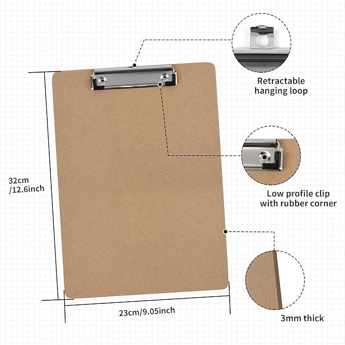 Clipboards 10 Pack Letter & A4 Size, 9" x 12.5" & 8.5" x 11" Wooden Hardboard Clipboards with Low Profile Clip, Hanging Loop for Office, Home & Classroom
