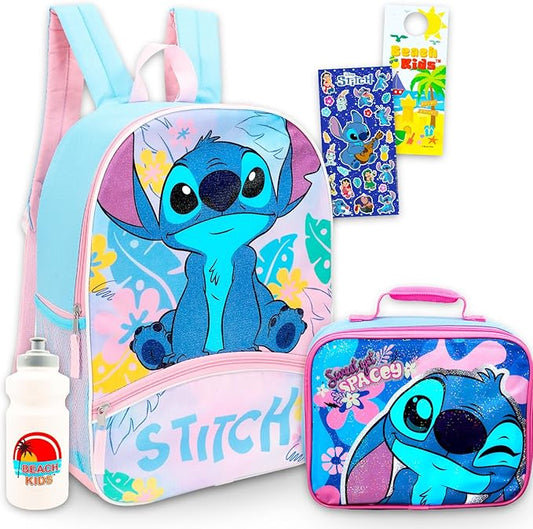 Disney Stitch Backpack and Lunchbox for Girls - Bundle with 16" Backpack, Lunch Box, Water Bottle, Stickers, More | Lilo and Stitch School Bag and Lunch Bag for Kids