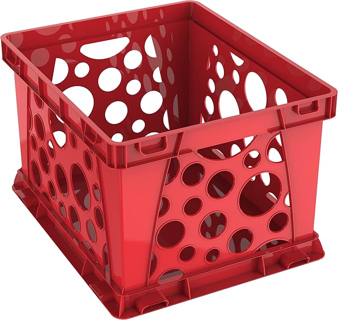 Storex Premium File Crate with Handle Cutouts – Letter and Legal Document and Folder Storage, Red, 3-Pack (61461C03C)