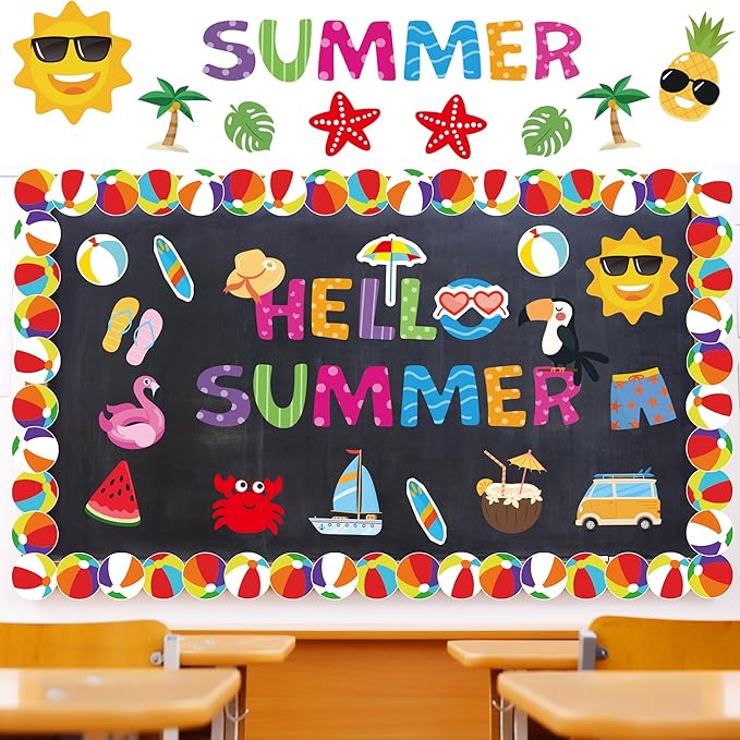 96Pcs Summer Cutouts Bulletin Board Decorations Set - Pool Beach Hawaiian Theme Cut Outs Ball Bulletin Board Border Decorations for Office School Classroom Teacher Supplies
