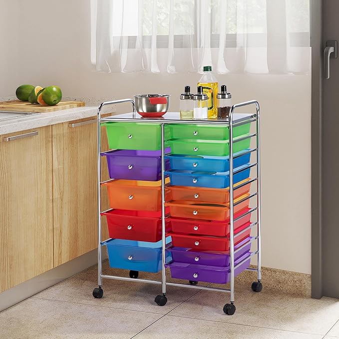 Yaheetech 15 Drawers Rolling Storage Cart Multipurpose Mobile Rolling Utility Storage Organizer Cart Tools Scrapbook Paper Organizer on Wheels, Multicolor
