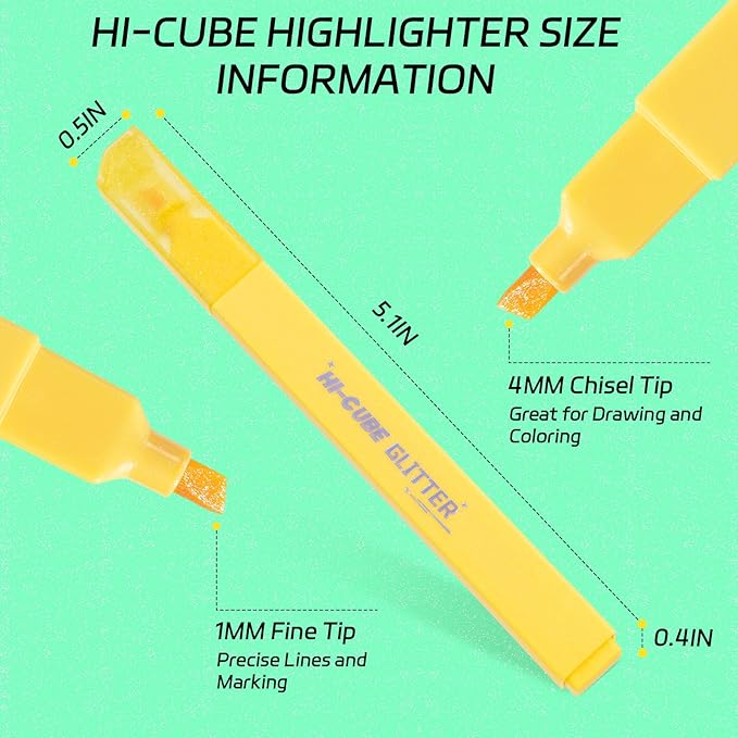 M&G HI-CUBE Glitter Highlighters, 6 Pack Gentle Colors with Glitter Ink, No Bleed Soft Chisel Tip for Bible Study, Cute Aesthetic Highlighters for Journaling, Planners & Notes