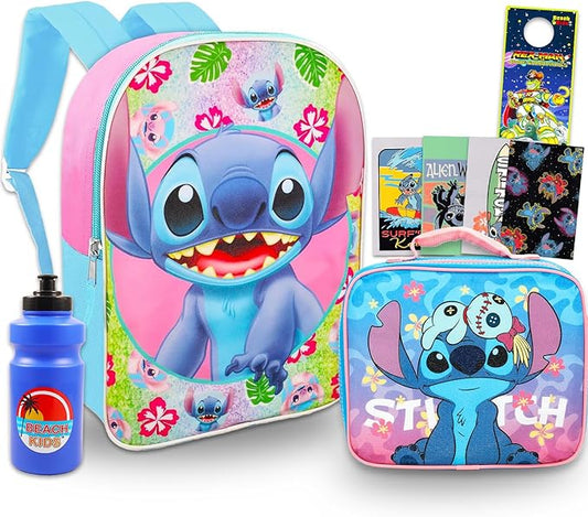 Disney Stitch Backpack with Lunchbox for Girls - Bundle 15" School Bag, Lunch Bag, Water Bottle, More | Lilo and Stitch School Backpack with Lunch Box Set for Kids