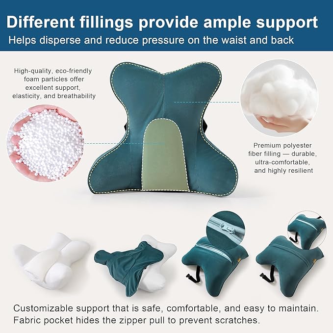 Lumbar Support Pillow(Pat. Pend) – Multi-Functional Ergonomic Back Cushion for Office Chair, Car Seat & Sofa, Reading Pillow with Firm Multi-Zone Support to Relieve Lower Back Pain,Slate Blue