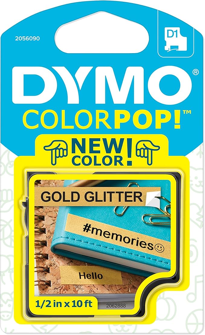 DYMO COLORPOP Authentic Label Maker Tape, 1/2" W x 10' L, Black Print on Gold Glitter, D1 Standard