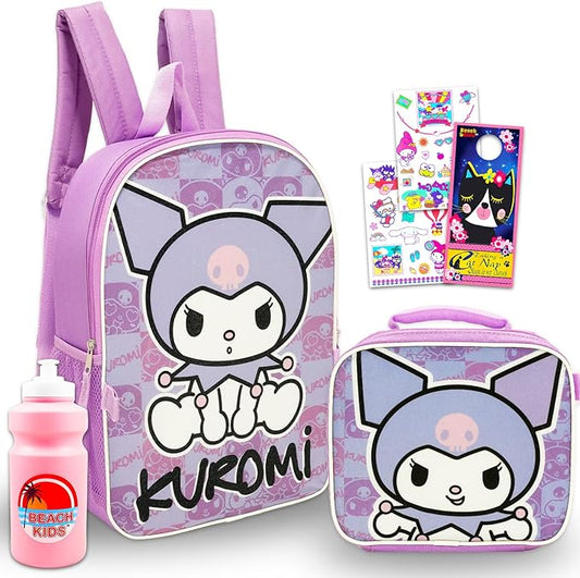 Kuromi Backpack and Lunch Bag Set - Bundle with 16” Sanrio School Backpack, Lunch Box, Water Bottle, Tattoos, More | Kuromi School Bag for Girls, Kids