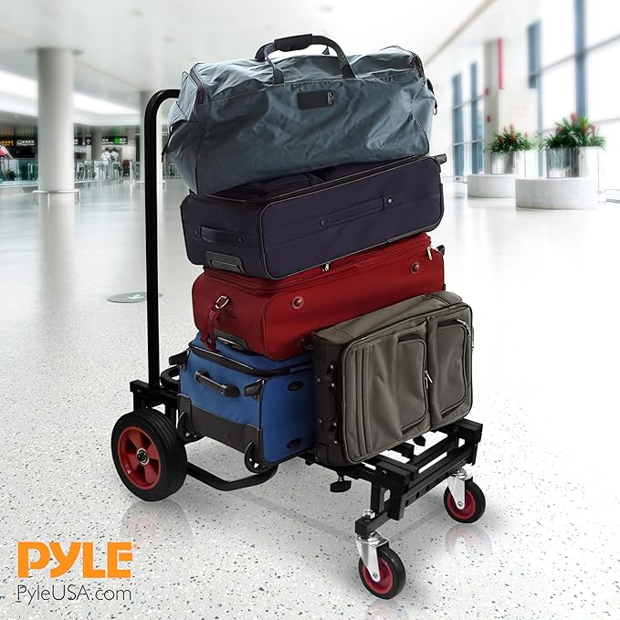 Pyle Compact Folding Adjustable Equipment Dolly - Heavy Duty 8-in-1 Convertible Cart Hand Truck/Dolly/Platform Cart with R-Trac Wheels - Expandable Up to 27.52'' to 44.25'' - 300 LBS MAX LOAD CAPACITY