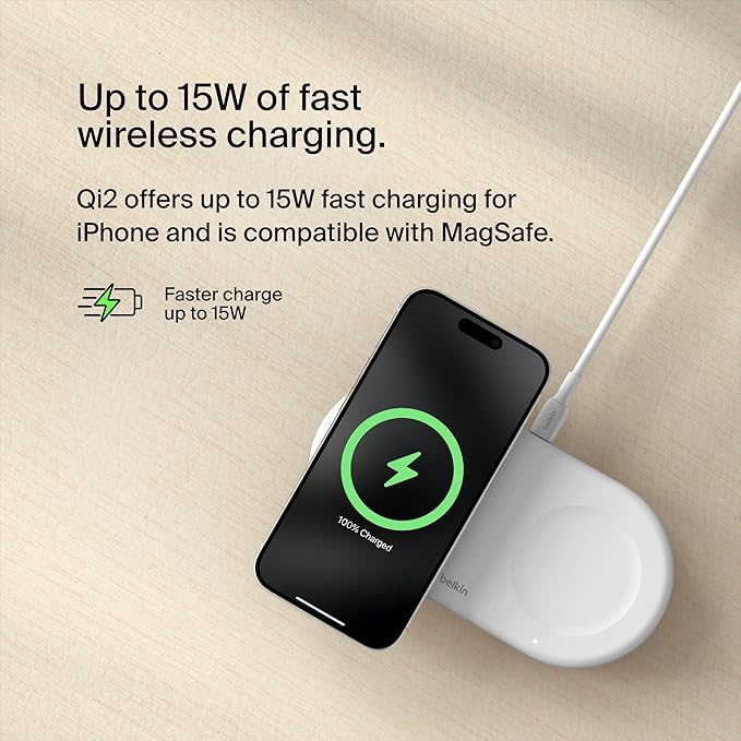 Belkin 2-in-1 Wireless Charging Pad w/ Qi2 15W + Additional USB-C Port - MagSafe-Compatible Charger, Charging Station for iPhone 16 & 15 Series, Samsung Galaxy S25 Series, AirPods, & More - White