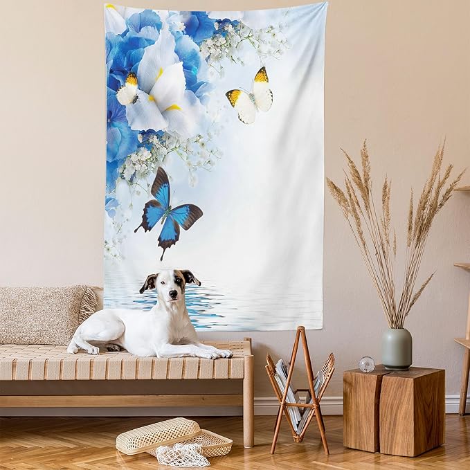 Ambesonne Floral Tapestry, Nature Theme Wild Flowers Monarch Flying Butterflies Lily on Lake Therapy Spa, Wall Hanging for Bedroom Living Room Dorm Decor, 40" X 60", Purple Blue