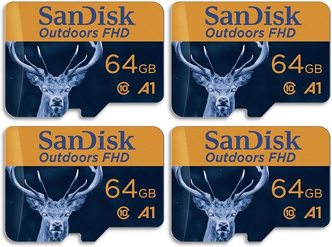 SanDisk 64GB 4-Pack Outdoors FHD microSDXC UHS-I Memory Card (4x64GB) with SD Adapter - Up to 100MB/s, Full HD, C10, A1, Trail Camera Micro SD Card - SDSQUNR-064G-GN4VV