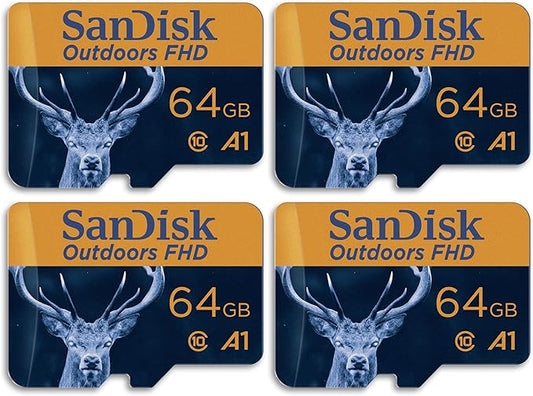 SanDisk 64GB 4-Pack Outdoors FHD microSDXC UHS-I Memory Card (4x64GB) with SD Adapter - Up to 100MB/s, Full HD, C10, A1, Trail Camera Micro SD Card - SDSQUNR-064G-GN4VV