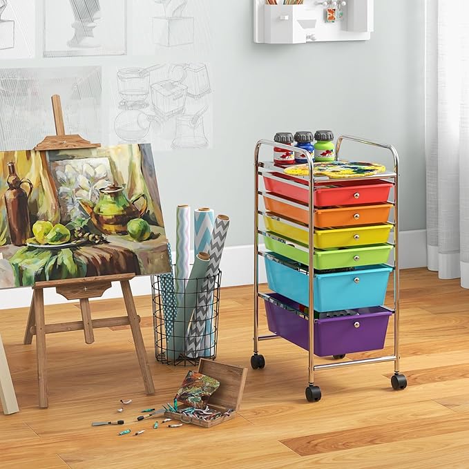 COSTWAY 6-Drawer Rolling Storage Cart, Multifunctional Art Craft Tools Organizer on Wheels, Heavy Duty Utility Mobile Storage Trolley w/ 2 Lockable Wheels for Home Office School (Multi-color)