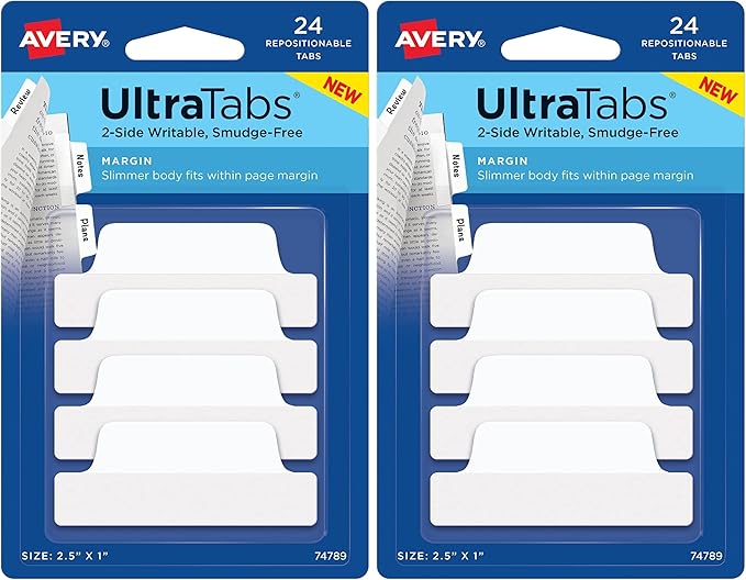 Avery Tabs, 2.5" x 1", 24 Count | Repositionable | 2-Side Writable | White | Pack of 2