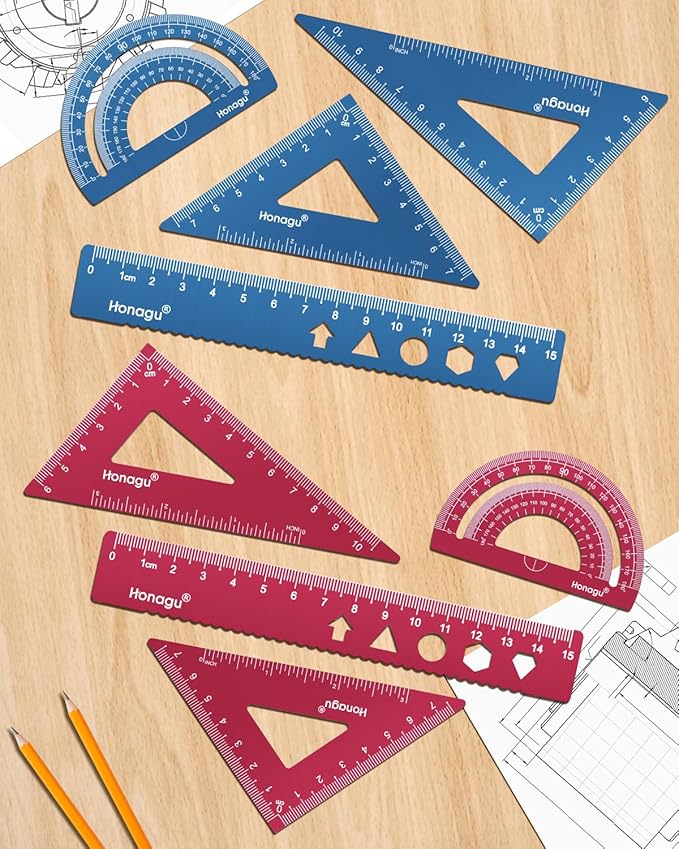 Honagu Triangular Ruler Set, 2 Sets/8 Pieces Aluminum Alloy Ruler, Metal Drafting Ruler, Geometric Protractor for Students, Draftsmen, Engineers, School Office Supplies(15cm/5.9inches, Red+Deep Blue)