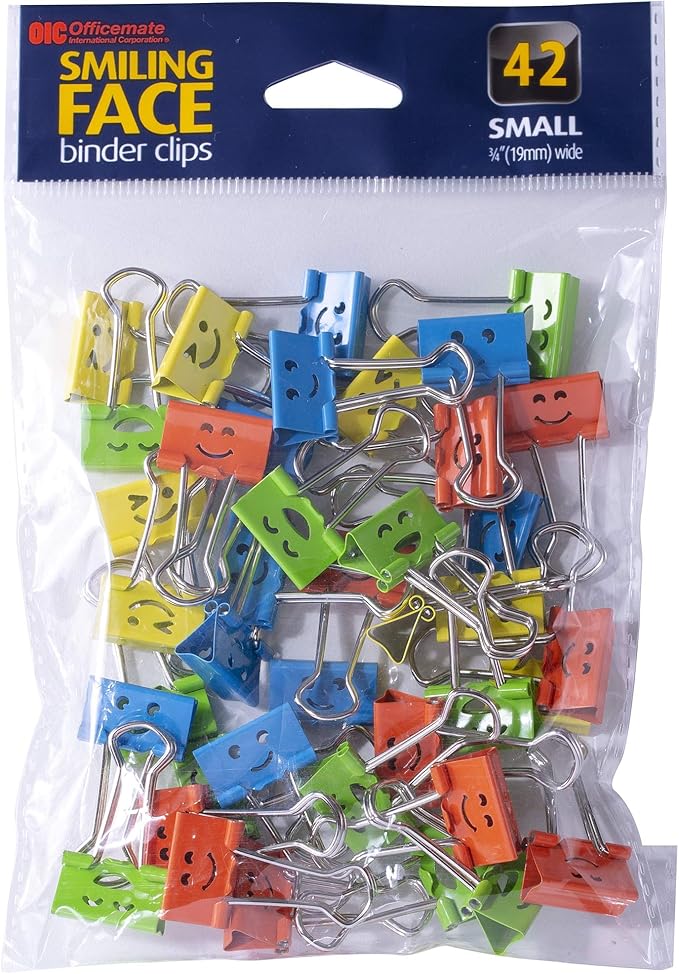 Officemate Happy Smiling Face Binder Clips, Small Size, 42 in Pack, Comes in Assorted Colors (31090)