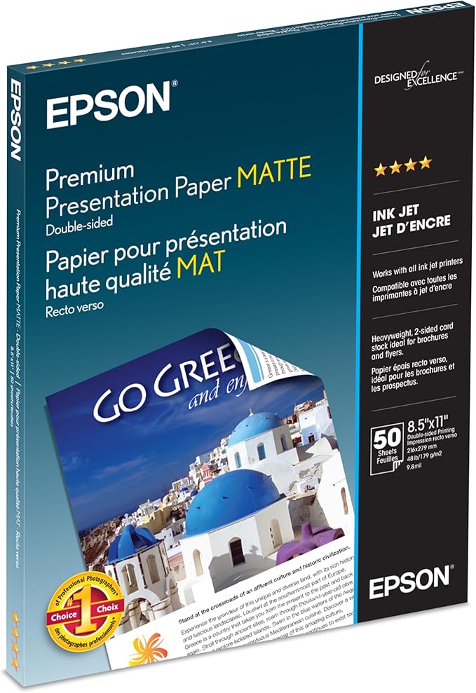 Epson Premium Presentation Paper MATTE (8.5x11 Inches, Double-sided, 50 Sheets) (S041568),Bright White
