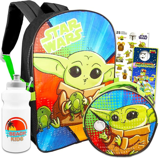 Baby Yoda Backpack and Lunch Box Set for Kids - Bundle with 16" Baby Yoda Backpack, Star Wars Lunch Bag, Stickers, Water Bottle, More | Mandalorian Backpack for Boys