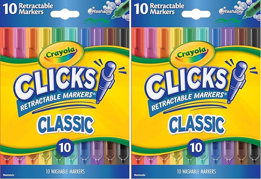 Crayola Clicks Retractable Tip Markers (10ct), Stocking Stuffers for Kids & Toddlers, Cone Tip Washable Art Marker Set, Coloring Book Supplies, No Dry, 3+ (Pack of 2)