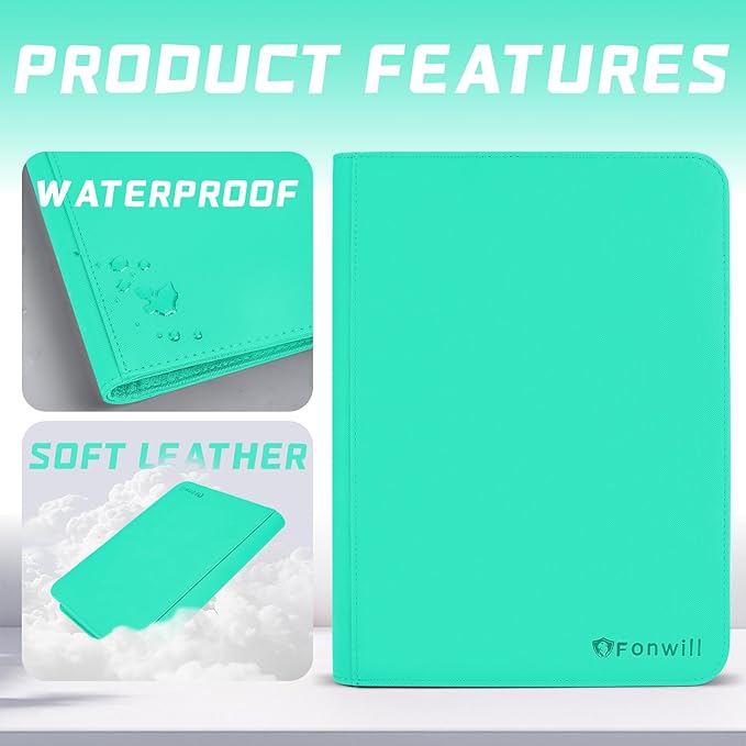 9 Pocket Card Binder, Premium Zip Trading Card Binder, 360 Double Sided Pocket PU Collection Binder, Collector Album, Card Folder for MTG, TCG, Sports Cards, (Cyan)