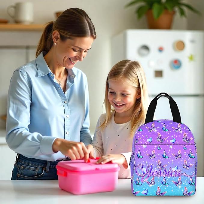 Custom Kids Backpack with Lunch Box Personalized Name Bookbag for Girls Back to School Purple Backpacks for Elementary Middle School Boys